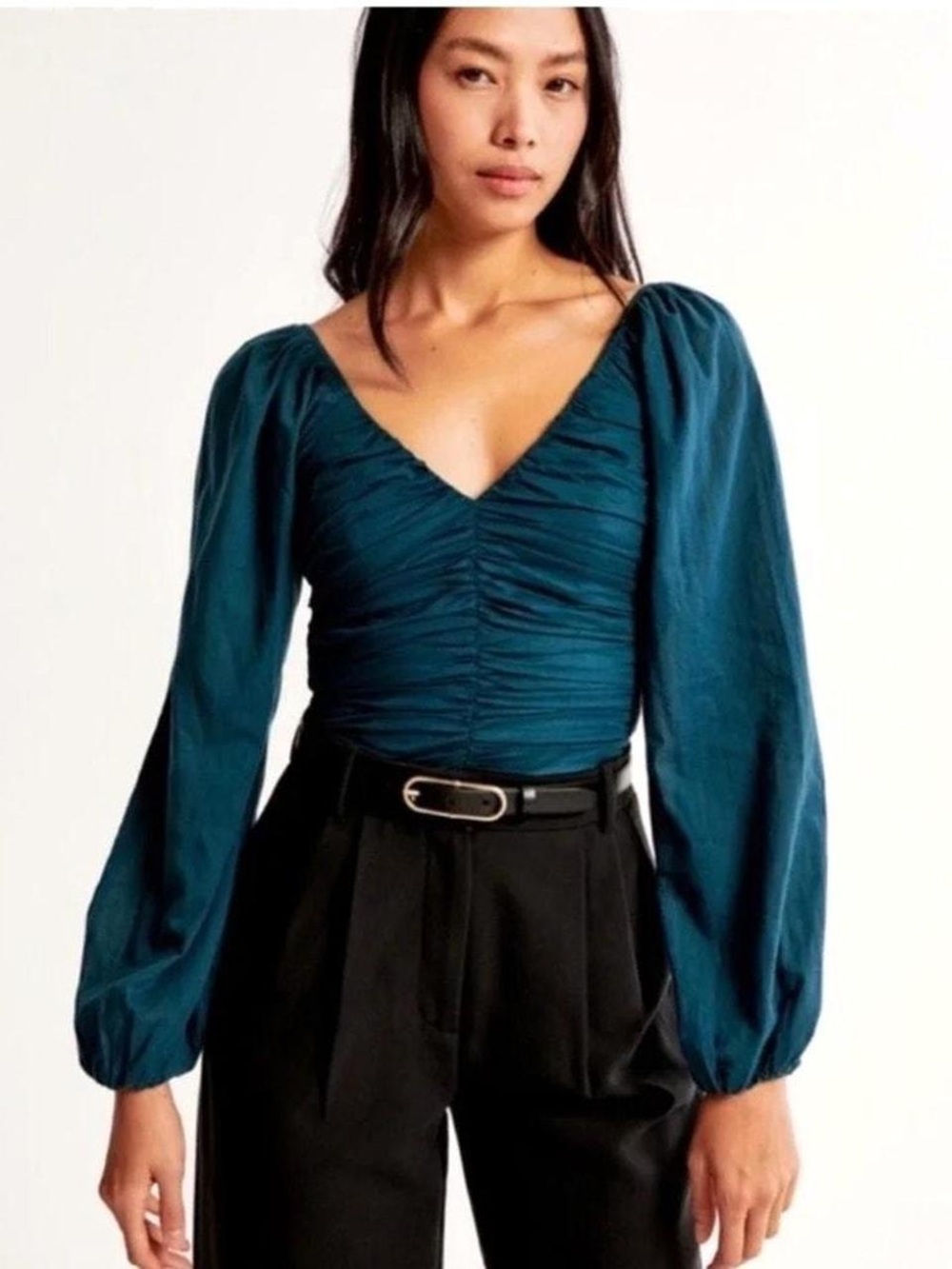 Abercrombie & Fitch Teal Ruched V-Neck Long Sleeve Blouse